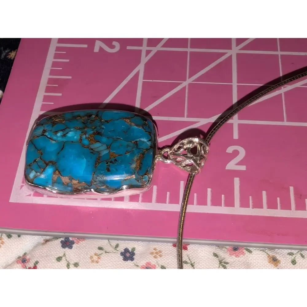 VTG 925 Sterling Silver Copper Turquoise Pendant on Sterling 18" Cable Wire - Picture 5 of 9